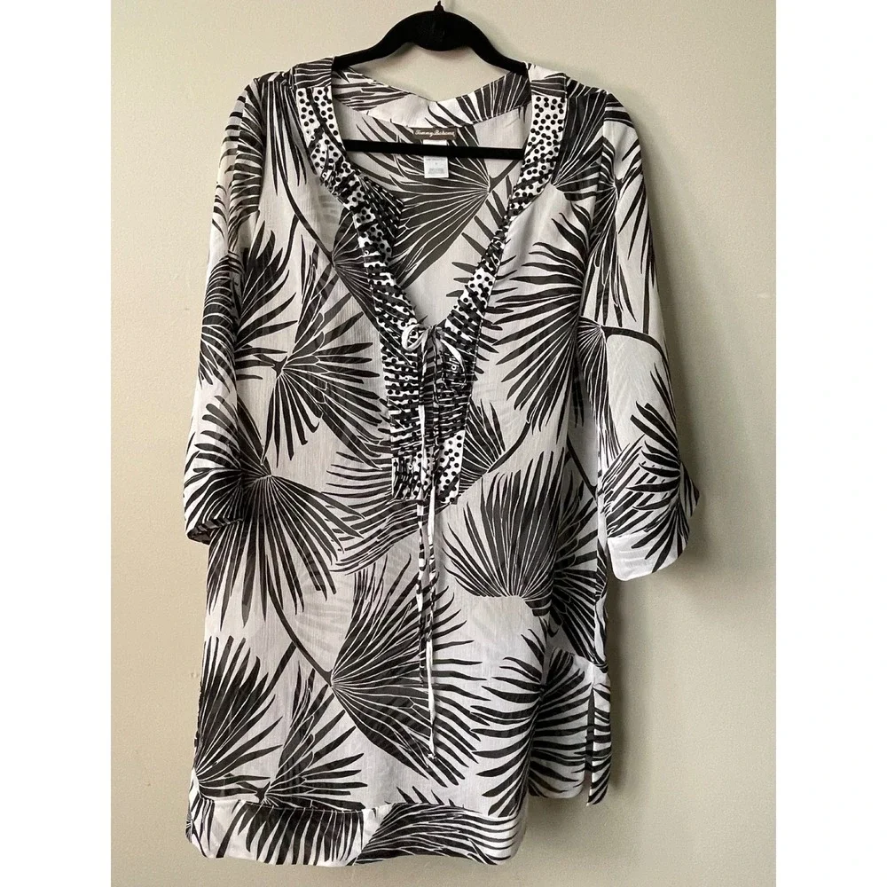 Tommy Bahama Black White Palm Leaf Sequin Cover Up Tunic TSW60712C Small